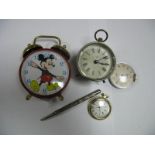 A Mickey Mouse Alarm Clock, a small Ansonia bedside clock dated patent for 1884 marked 'BEE' to base