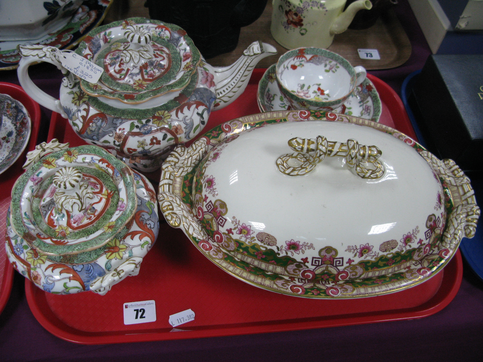 An Early XIX Century Mason's Teapot and Sucrier, together with teacup and saucers; a tureen and