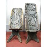 Two African Hardwood Chiefs Chairs, with carved backs depicting animals. (2)