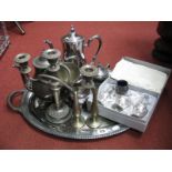 A Plated Four Piece Tea Set, on oval twin handled plated tray, boxed cruet set, pair of spill vases,