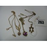 A 9ct Gold Single Stone Heart Shape Pendant, on a chain, a star pendant on chain and a 9ct gold