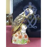 Royal Crown Derby Paperweight 'Bronze Winged Parrot', date code for 2006, with gold stopper, first