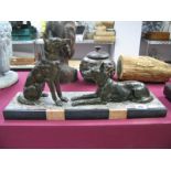 A Marble Based Art Deco Mantel Ornament, featuring two spelter dogs, 45cm in length.