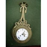 A XIX Century French Gilded Wall Clock, with ribbon decoration, white enamel dial with painted