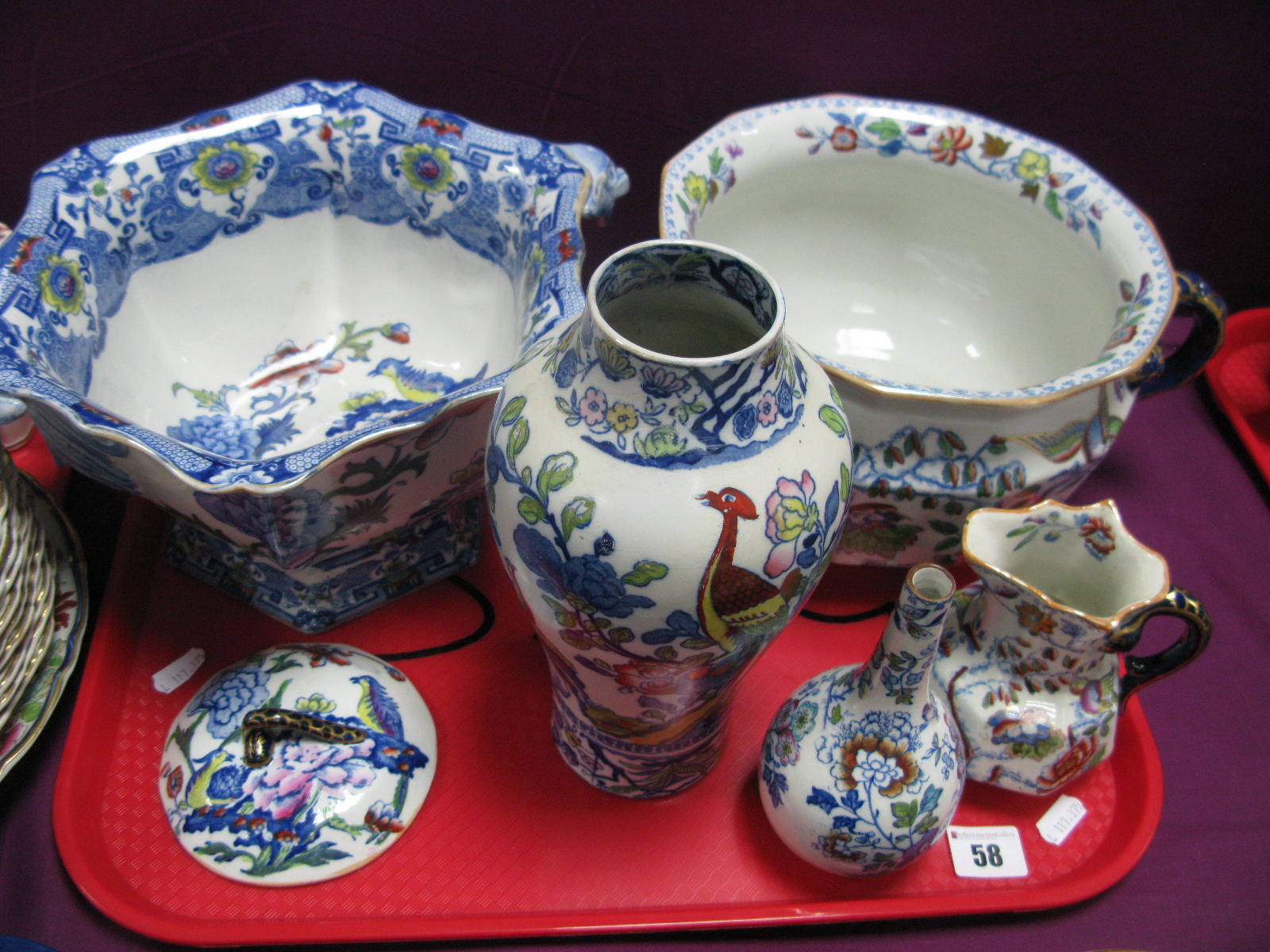 Mason's Early XX Century Octagonal Bowl, decorated in blue and white with flowers and exotic