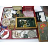 A Mixed Lot of Assorted Costume Jewellery, including brooches, diamanté, shell buckle, jewellery