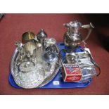 C. Bros Plated Lidded Jug, with antler handle, an oval tray, preserve pot, hallmarked silver