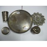 A Circular Card Tray; together with an Israeli lidded pot, a hallmarked silver lid, Polish tot and a