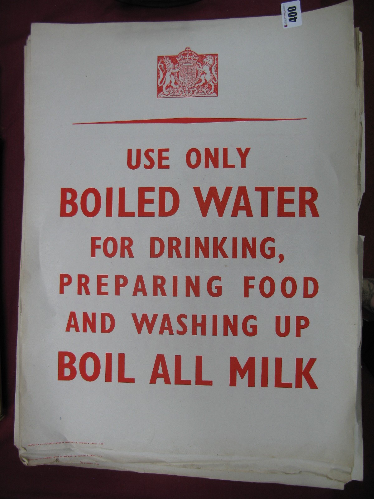A Quantity of WWII Era Gout Issue Instructional Posters, 'Use Only Boiled Water', printed for H.M.