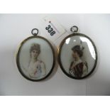 Pair of Overpainted Oval Miniatures of Ladies in brass frame 7.5 x 6cm.