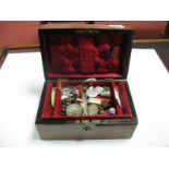 XIX Century Walnut Ladies Work box, containing Alpaca Mexico cat brooch, tortoiseshell backed