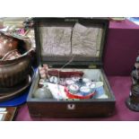 XIX Century Mahogany Workbox, with mother of pearl escucheons, cottons, needles, tape measures,