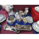 Plated Three Piece Tea Set, tea pot stand, hallmarked silver coffee spoons and two pairs of candle