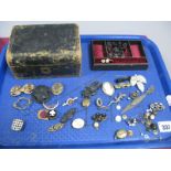 XIX Century and Later Brooches, page marker, buttons etc, contained in an old jewellery box.