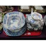 A Pair of Mason's Blue and White Shaped Rectangular Dishes, flared bowl, meat plate, teapot:- One