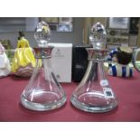 Pair of Conical Glass Decanters, with silver collars, complete with stoppers, 19cm tall.