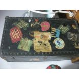 A Mid XX Century Travel Chest, studded corner protectors, with good array of travel/luggage stickers