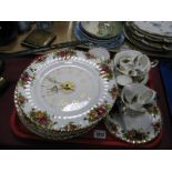 Old County Roses Plates, wall clock, napkin rings, etc:- One Tray