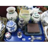 Masons 'Chartreuse' and Twinings Ginger Jars, vase, Devon jug, cutlery etc:- One Tray