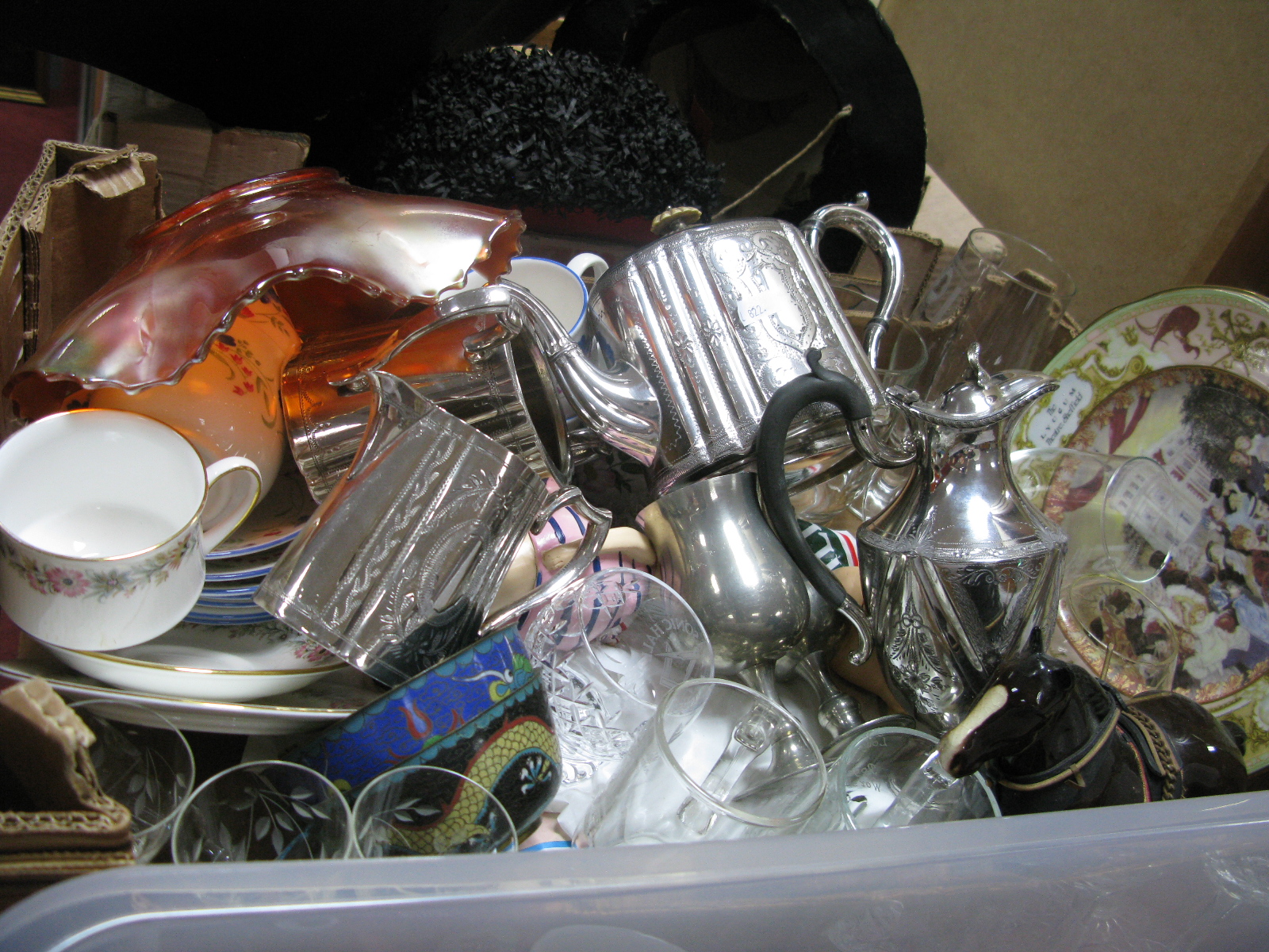 A Brittania Metal Tea Service, hot water jug, carnival dish, other glassware, china, etc:- One Box