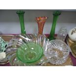 Carnival Glass Vase, pair of green glass vases, cut glass fruit bowl, etc:- One Tray