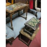 An Oak Coffee Table, with a woolwork tapestry panel, together with two stools.