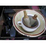 Flat Irons, shoe lasts, stoneware mixing bowl, stoneware bottles, chamber pot, etc:- One Box