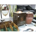 A Beaton Oxidised Copper Coal Box, iron stand, wig stand with turned wooden handle, oak cash drawer.