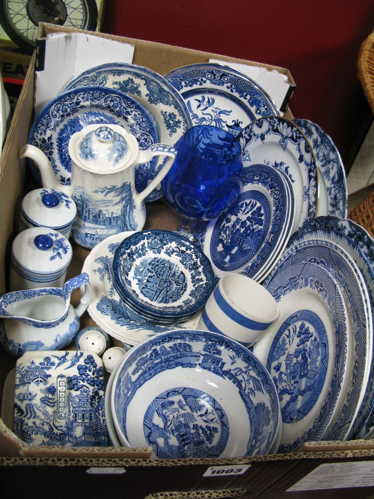 Blue and White Wares, Rington's teapot, paperweights, toast rack, dinner and cabinet plates,