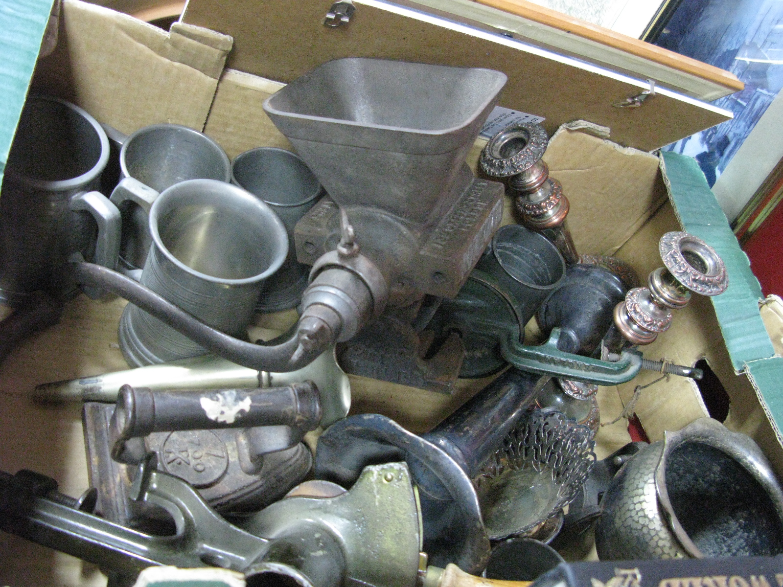 Kitchenalia and Metalware, including a marmalade cutter, a bean slicer, a mincer, iron, etc:- One