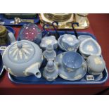 Wedgwood Powder Blue Jasperwares to Include; teapot, teacup and saucer, trinket pots, pin dishes,