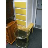A Painted Narrow Four Heights Chest of Drawers, a lightwood occasional/coffee table and a brass