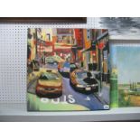 Oil on Canvas of a Street Scene with Cars.