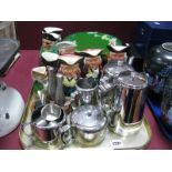 Old Hall Five Piece Stainless Steel Tea Service and cruet on wooden stand, Burlington and Hummel