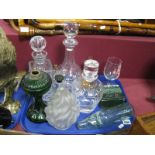 Three Cut Glass Decanters, green glass oil lamp base, flame lamp, etc:- One Tray