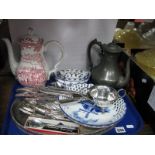 An Oval Plated Pierced and Engraved Tray, cutlery, Delf bowls, pewter teapot, etc:- One Tray