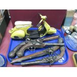 A Late XX Century Tinplate Model Vespa In Yellow, two pairs of reproduction wall hanging flintlock