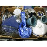 Cutlery, blue and white pottery, glass bowl, etc:- One Box