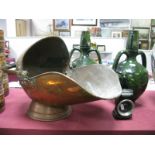 Pair of Green Streaked Pottery Two Handled Vases 35.5cm heigh, copper coal helmet, bicycle lamp.