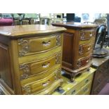 A Pair of Hardwood Serpentine Shaped Bedside Chests, with moulded edges, four small drawers, with