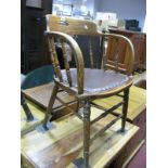 A Early XX Century Ash Office Chair, with turned rails, shaped arms, upholstered seat, on turned