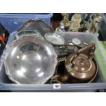 A Copper Circular Pan, kettle, electroplated pedestal dish, salver, rectangular gallery tray,