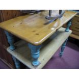 A Pine Table, rectangular top, rounded ends, on painted and distressed ring turned legs and a modern