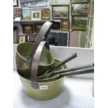 Three XIX Century Brass Jam Pans, with iron handles, two others with loop handles.