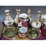 A Pair of Brass Chambersticks, Devon 'Wye' and 'Etena' vases, Burlington Toby jug, etc:- One Tray