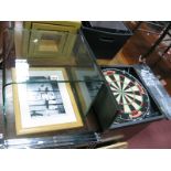 A Dartboard, clothes horse, glass table, leather bins, Mohammed Ali print, etc.