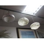 A White Glass Ceiling Light, circa 1920, green veined example, another pink mottled (cracked). (3)