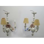 A Pair of Capo Di Monte Style Three Branch Chandeliers, decorated with flowers; together with