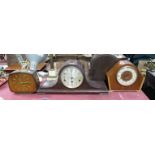 A 1920's Mahogany Napoleon Style Mantel Clock; together with two mid XX Century mantel clocks. (3)