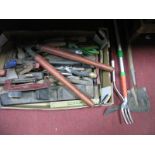 Tools, etc, block-plane, brass level, G-clamp, files, hammers; together with a garden hoe:- One Box